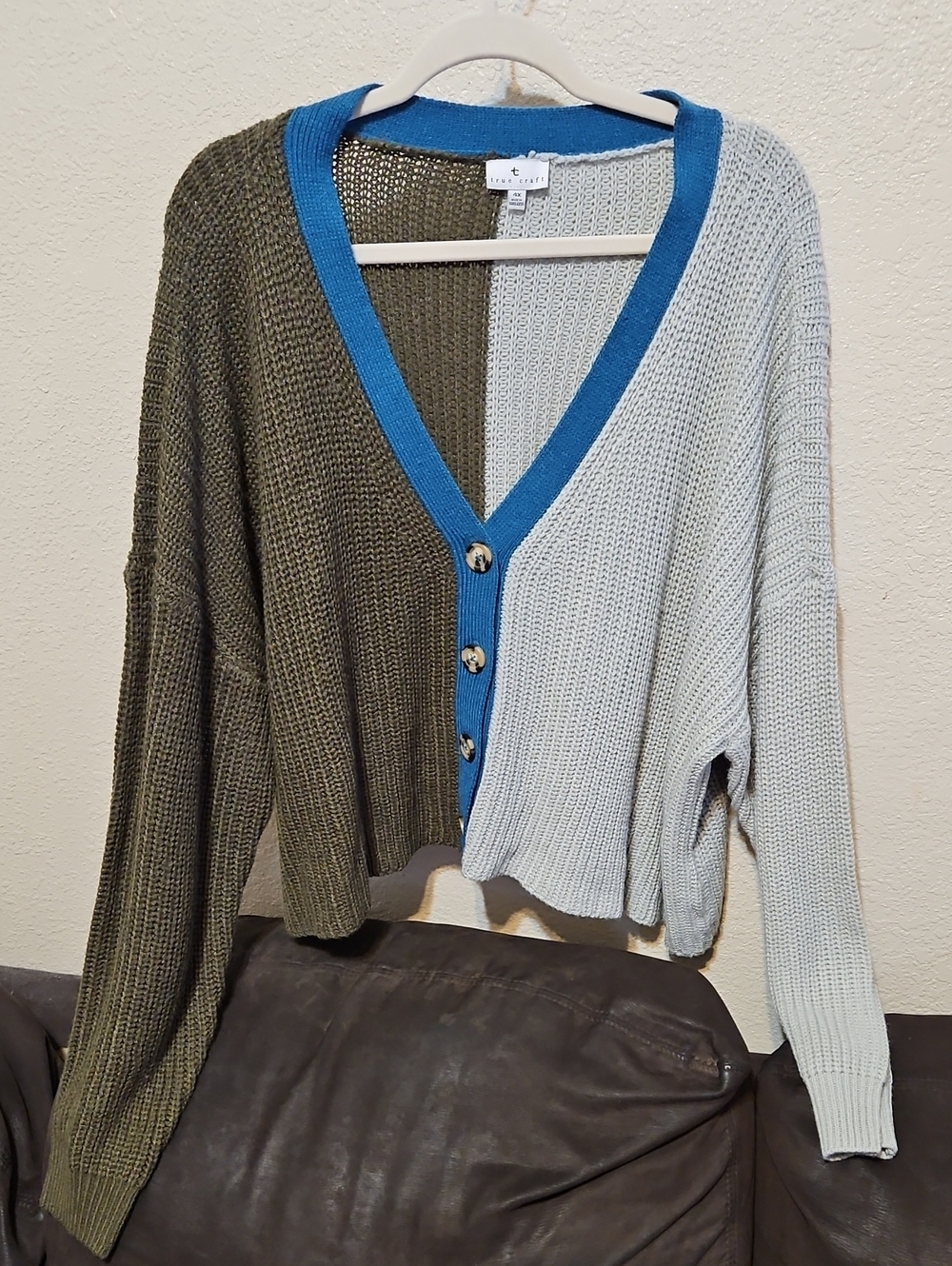 Colorblock V-Neck Button Front Sweater Cardigan - Olive, Light Gray & Blue Trim